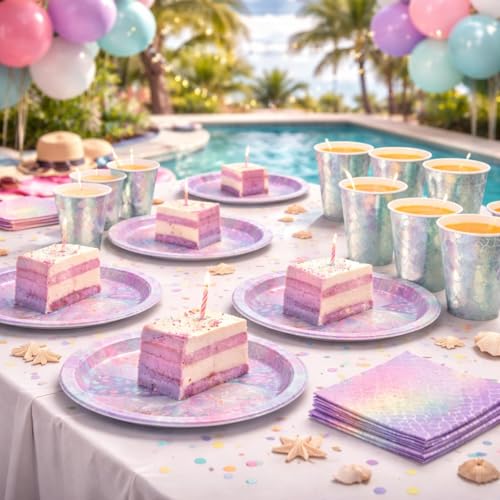 Image of Wanna Party 40Pcs Mermaid Theme Birthday Decorations Under the Sea Party Tableware Includes Mermaid Plates, Mermaid Napkins and Mermaid Cups for Mermaid Theme Party Decorations