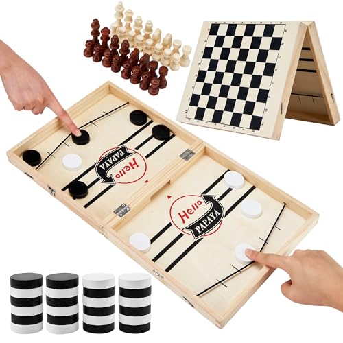 HELLO PAPAYA Foldable Fast Sling Puck Game with Chess Board and Checkers Board Tic Tac Toe. Wooden Air Hockey Family Night Table Games Gifts for Adults and Kids