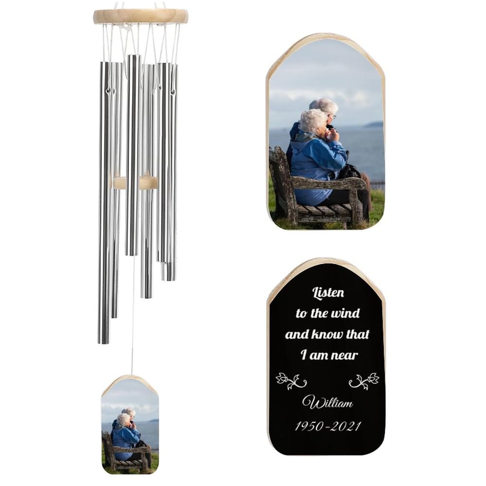 Custom Wind Chimes with Photo Text Personalized Wind Chimes Memorial Wind Bell for Loss of Dog, Gift for Mother Dad Mom Dog Pet Wedding New Home (Front photo back text-man)