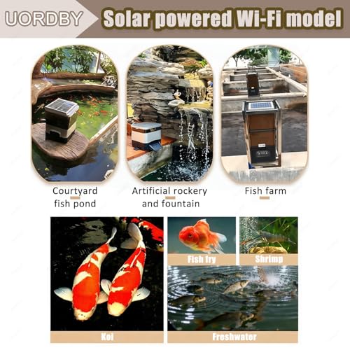 Alimentador de Peces Solar Wi-Fi, dispensador automático del Estanque 20L con el Control Remoto, porción Ajustable, IP65 Resistente a la Intemperie, admite Koi y Tanque, Negro