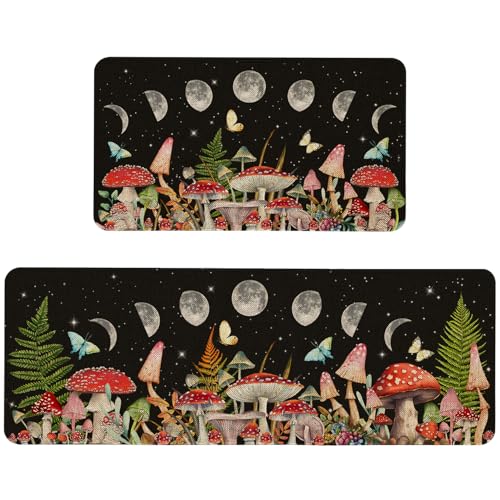 Kuyuayee Farmhouse Mushroom Kitchen Mats Set of 2 Non Slip Mushroom Kitchen Rugs Moon Mushroom Home Decor Low-Profile Washable Floor Mat 17x47 Inch and 17x29 Inch