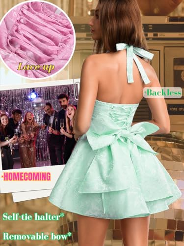 Image of ShawGobow Jacquard Corset Dress,Deep V Halter Mini Dresses with Bow Back,Sexy Birthday Outfits Women Homecoming Prom Formal