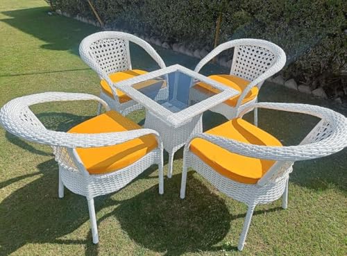 Image of PRATHAM India Patio 4+1 Furniture Set Bistro Set Porch Backyard Garden Outdoor Furniture Rattan Chairs and Table Wicker Conversation Set (White with Black Lines, Yellow Cushion 4+1 Square Table)