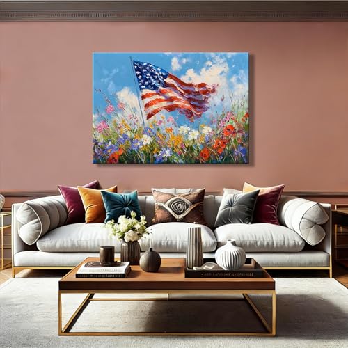 Image of RIBNTAK Made in USA 4th of July Canvas Print Wall Art, Impressionist American Flag & Wildflowers Painting Artwork for Living Room, Patriotic Independence Day Pictures, Americana Home Decor