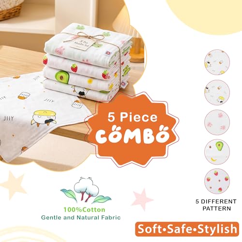 Image of GLUN 25x25cm Newborn Baby Muslin Cotton Towels Pack of 5, 2-Layer Soft Washcloth Hankies, Reusable Face Cloths for Infant Feeding, Cleaning & Bath, Skin Friendly, Printed