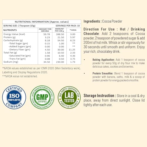 Image of Weoliv Unsweetened Cocoa Powder | Pure & Natural | Cocoa Powder for Cakes, Baking & Desserts | Hot Chocolate & Milkshakes | 150 g