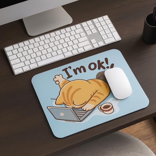 Image of SHERISH Cute Cat (I'm OK) Mouse Pad for PC & Laptop - Waterproof Desk Mat with Funny Cartoon Cat Design, Smooth Cloth Surface & Non-Slip Rubber Base Ideal for Office, Work from Home & Gaming 19x23 cm