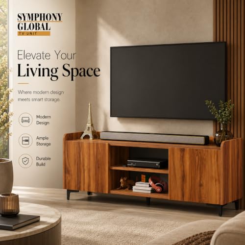Image of Studio Kook Symphony Global 150 cm TV Unit, Amber Walnut | 150 cm engineered wood TV cabinet for 40-65 inch TVs, with two side cabinets, open shelves and a 70 kg tabletop capacity.