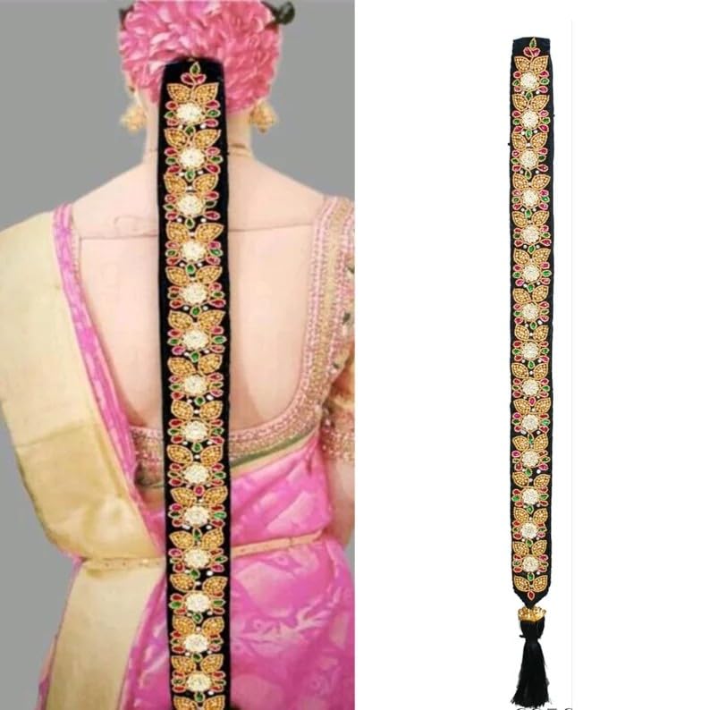 Maggam Work Jada & Bharatanatyam Savaram | Pelli Poola Jadalu Kemp Paranda Hair Accessories | Traditional Hair Jewelry for Women | Bridal & Dance Hair Decor-image-14