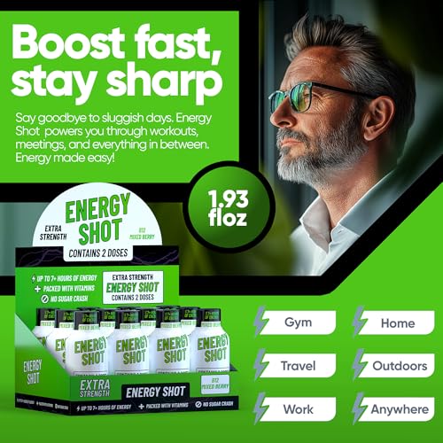 Image of B12 Mixed Berry Extra Strength Energy Shot 10 pk - 260mg Natural Caffeine B12 B6 - Energy & Vitality Support - 2 Servings Sugar Free Zero Calorie Green Tea B-Vitamins Electrolytes Vegan - 1.93 fl oz