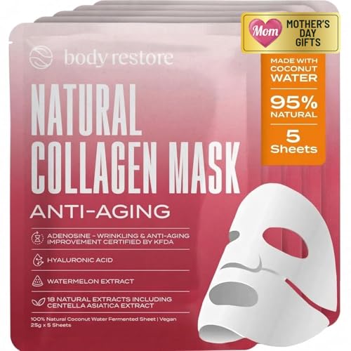 Body Restore Natural Collagen Face Mask – for Mom, Hydrating Skin Care, Birthday , Self Care Spa Gifts – Glow 5 Pack