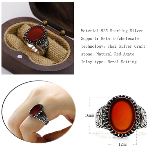 Real 925 sterling silver inlaid red natural agate gem ring, authentic retro Türkiye Ottoman style men's ring4