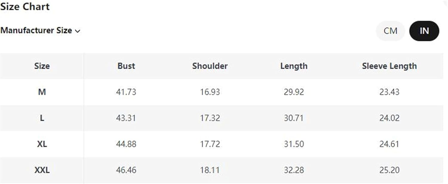 Manufacturer's Size Chart for a Men's Wool Pea Coat