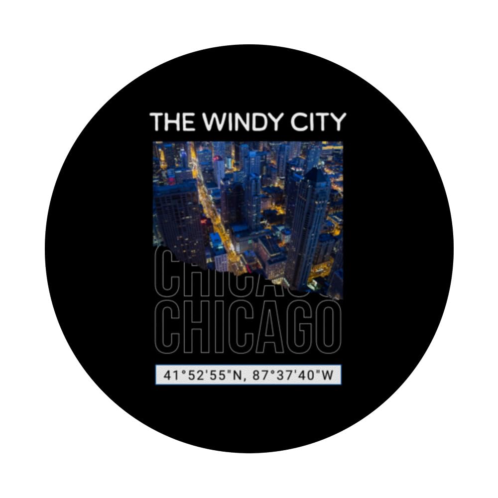Chicago Night Sky View Chi-Town Windy City GPS Coordinates PopSockets Swappable PopGrip, Black - Image 3