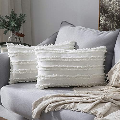 MIULEE Boho Linen Striped Lumbar Throw Pillow Covers 12x20, White...