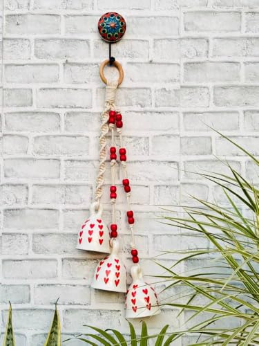 Image of Crafty Co. Decorative Wall & Door Hanging Toran with Bells for Home Entrances (White & Red)- Bunch of 3 Big Bells | Macrame Wall Hanging Toran for Diwali, New Year, Festive Decoration & Door Decor