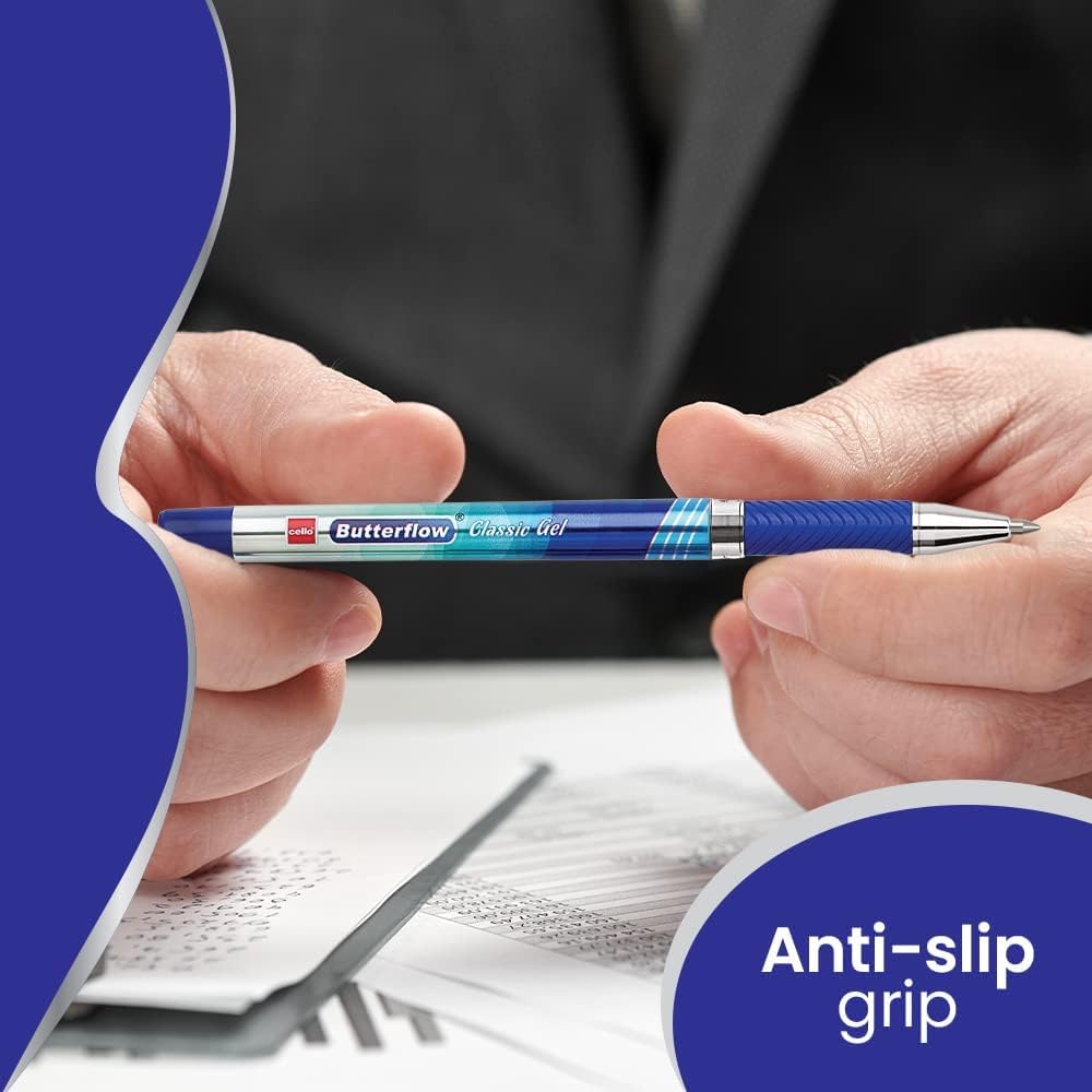 Cello Butterflow Classic Gel Pen Set | Pack of 25 Gel Pens | 25 Blue Ink Colour Pens | Spring Tip | Smooth Writing Experience | For School and Office Use | Best Pen for Exams