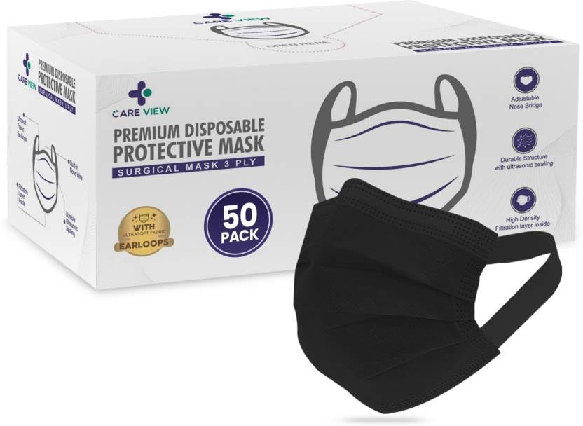 Careview N95 3 Ply Disposable Surgical Face Mask Box with FABRIC Earloop and built in Nose Pin, Certified by BFE>99% and PFE > 95%, SITRA, DRDO, ISO and CE (Pack of 50, BLACK)