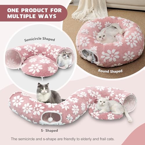 Image of Cat Tunnel for Indoor Cats, Cute Peekaboo Cat Cave with Dangling Balls, Pet Donut Tunnel Bed with Circle Mat for Puppy Kitten Rabbit, Pink