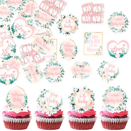 60 Pack Edible Welcome Girl Cupcake Toppers A Little Baby is on the Way Cake Toppers Rice Paper Wafer Paper Cupcake Picks for Kids Birthday Cake Decorations Pink