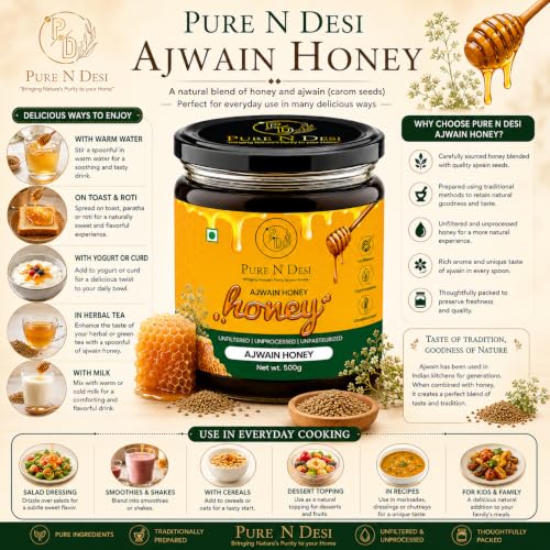 Image of PURE N DESI Ajwain Honey 500g | Raw Unfiltered Honey in Glass Jar | Raw, unfiltered Ajwain Honey in a premium glass jar with naturally rich aroma and authentic floral taste