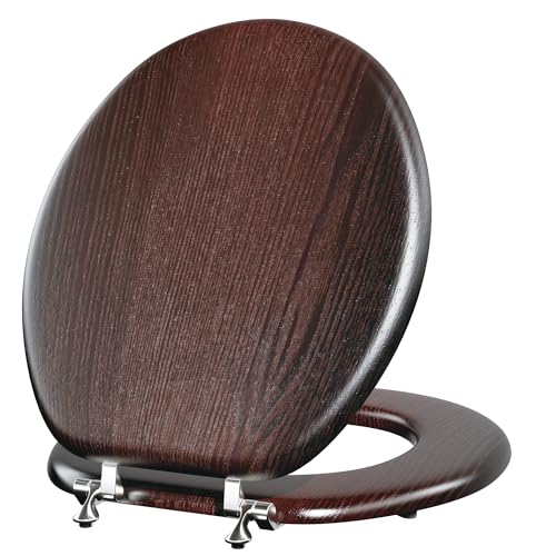 Round Wood Toilet Seat Support 400 lbs Heavy Duty Wooden Toilet Seat with Natural Wood Veneer for Bathroom Dark Walnut Toilet Lid with Chrome Hinges Grip-Tight Bumpers Easy Clean Easy Install