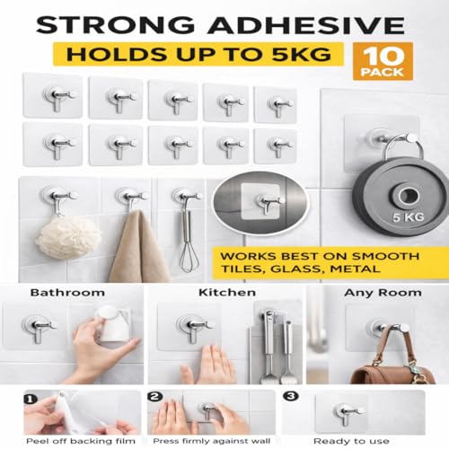 Image of Self Adhesive Wall Hooks for Hanging Strong 5KG | Photo Frame Hooks for Wall Without Drilling | Heavy Duty Hooks Without Nails | (Pack of 10)