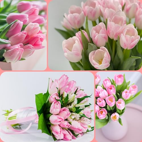 Image of Sggvecsy 30 Pcs Fake Tulips Artificial Flowers Real Touch PU Faux Flowers Tulip Stems for Wedding Spring Bouquet Floral Arrangement Home Party Office Decorations for Mother's Day (Light Pink)