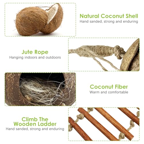 Image of Tfwadmx Coconut Bird Nest Hut with Ladder Natural Coconut Fiber Shell Hanging Coco Birds House Parrot Cage Decor for Parrot Cockatiel Lovebird Finch