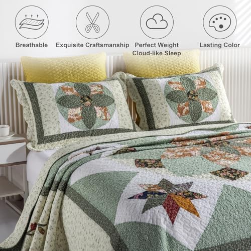 YAYIDAY Patchwork Bedspread Quilt Set - Reversible Breathable Colorful Blanket Floral Quilted Coverlet with Pillow Shams, Country Rustic Star Pattern Rural King Size