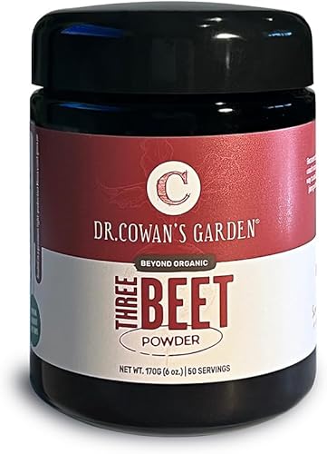 Dr. Cowan's Garden Tres remolachas en polvo con remolachas orgánicas: rojo Detroit, chiogga y remolachas doradas; en frasco de vidrio Miron.