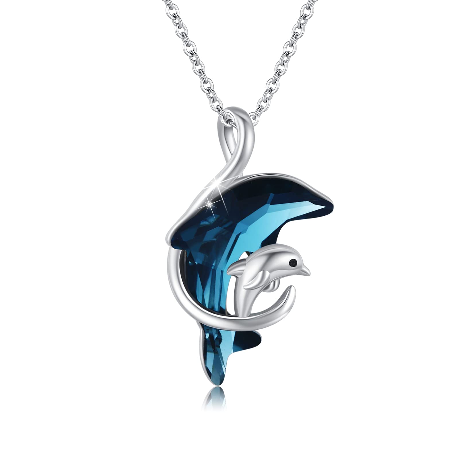 OHAYOO Delphin Kette 925 Sterling Silber Delphin Anhänger Halskette mit Blau Kristall Tier Kette Delphin Schmuck Weihnachten Geschenke für Damen Frauen