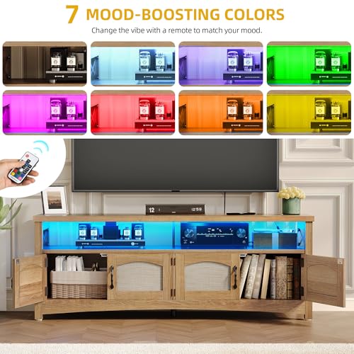 DWVO Farmhouse TV Stand for Living Room, Boho Entertainment Center for Bedchamber w/2 Rattan Cabinets, Television Stand w/Storage Large Media Console Table for TVs up to 50 55 60 65 Inch (Oak)