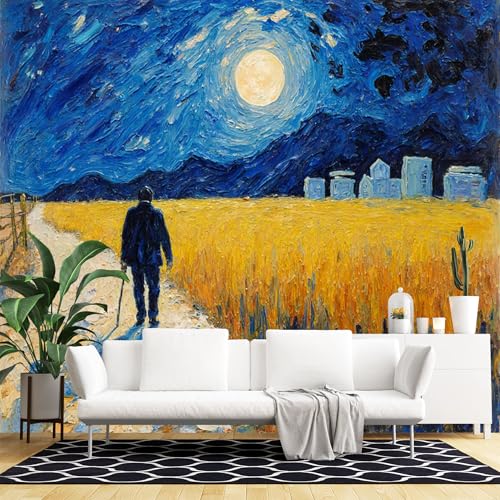 Custom Size Wall Murals,Night Sky Wheat Field Path Walking Figure Full Moon Blue Indigo Hills,Self-Adhesive Wall Fabric(NO PVC) Removable Large Wallpaper for Living Room