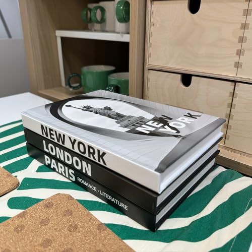 Mulomir 3 libros decorativos de moda, libros decorativos modernos con páginas en blanco, decoración apilada para decoración del hogar, decoración de estantería, mesa de café (París/Londres/Nueva York)