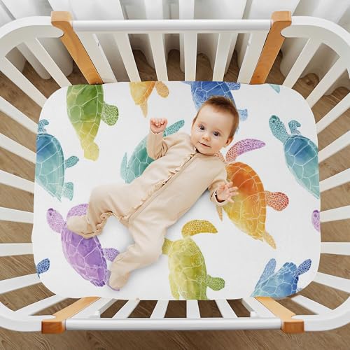 Image of Colorful Sea Turtles Crib Sheets Soft Breathable Fitted Baby Crib Sheets Mattress Cover for Girls Boys, 52 inch x 28 inch x 9 inch