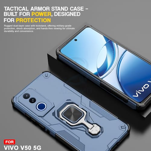 Image of AESTMO Armor Back Cover for Vivo V50 / V50E / T4R / iQOO Z10R 5G | Ring Holder & Kickstand & Camera Protection in-Built | 360 Degree Protection Back Case Cover (Blue)