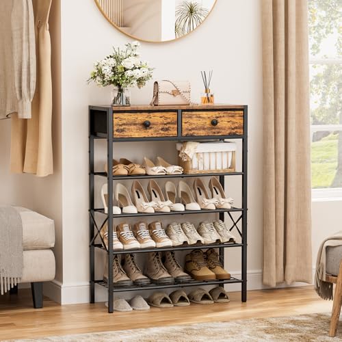 5 Tier Entryway Shoe Rack, Shoe Storage Organizer with 2 Drawers, Metal Shoe Shelf for 16-20 Pairs with Wooden Top for Closet, Rustic Brown - Image 5