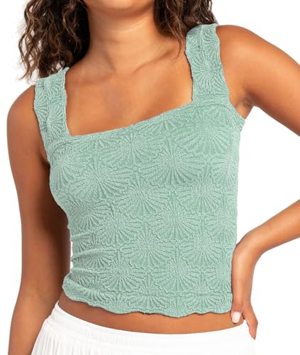 Women's Square Neck Wide Strap Crop Tank Tops Flower Going Out Tops Slim Fit Lettuce Trim Crop Cami Tops
