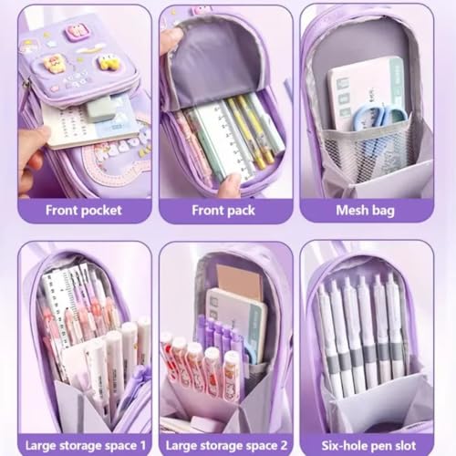 Image of Canvas Premium Pencil Case, 6 Layer, 3 Compartments, Large Capacity, Cute Aesthetic Design For Girls, Multifunctional Pouch For School Kids, purple