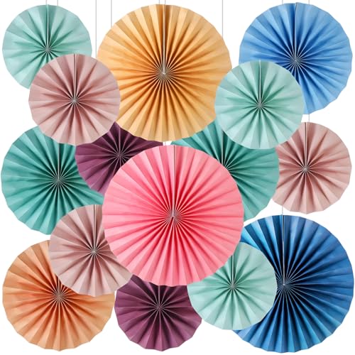 Image of 18 Pcs Hanging Paper Fans Decor Back to School Paper Fans Round Garlands Bulletin Board Classroom Decorations for Party Supplies Classroom Decor(Retro Boho)