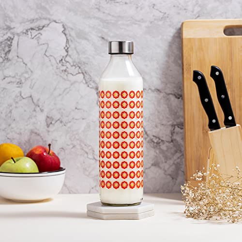 Image of SAND DUNE Set of 6, 800 ml Each Blooming Flowers Printed Glass water bottle, with Leak-Proof Airtight Stainless-Steel Lid for Water, Smoothie, Juices - Reusable Travel Glass Drinking Fridge Bottles