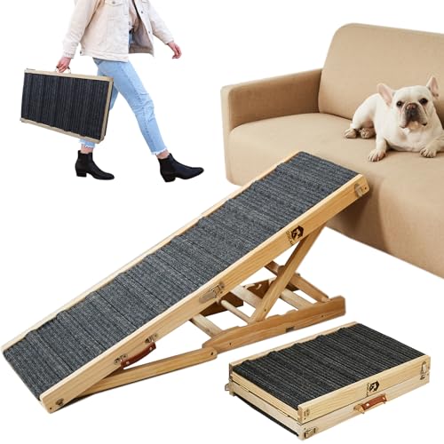 Dog Ramp for Bed, Adjustable Pet Ramp for Couch, 47.2" Length Dog Ramp for High Bed, Wooden Folding Portable Dog car ramp Non Slip Carpet Surface 4 Ad