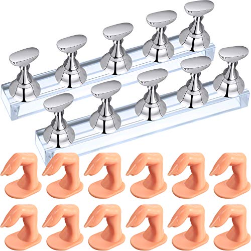 2 Sets Nail Display Stand Magnetic Nail Tips Stand Holder and 10 Pieces Practice Fingers Fake Training Fingers Plastic Fingers with Nails for Acrylic, Gel and Nail Art Practice