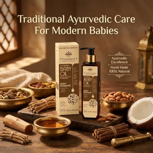 Image of Ayurvedic Baby Massage Oil 200ml | Natural Newborn Body Oil with Sandalwood, Badam & Manjishta | Daily Baby Skin Care | Soft, Moisturising & Nourishing Pack of 3