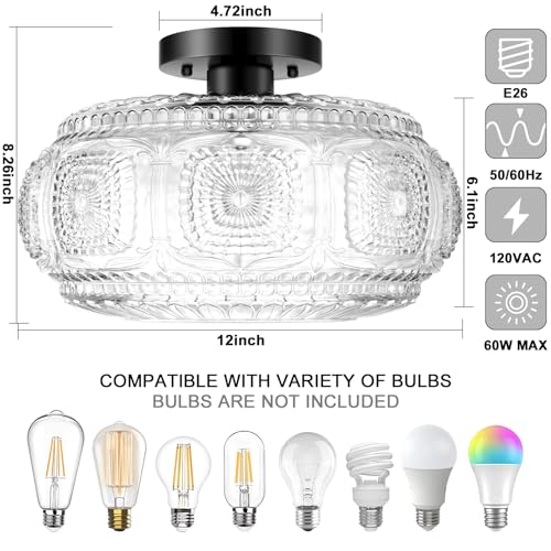 Image of 12 Inch Globe Glass Semi Flush Mount Ceiling Light Fixture, Black