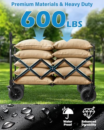 Image of 600LBS Beach Wagons Carts Foldable for Sand, Heavy Duty Collapsible Wagon with Brakes & All-Terrain Big Wheels, Large Foldable Folding Wagons for Beach Camp Sports Grocery, Portable