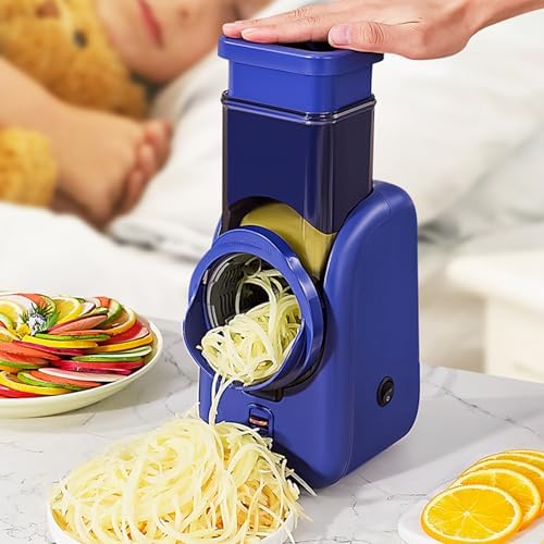 Elektrischer Gemüsehäcksler & Käsereibe mit 4 austauschbaren Klingen - Drehbarer Lebensmittelschneider mit rutschfestem Saugfuß für Obst, Gemüse & Nüsse
