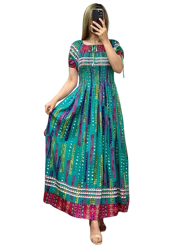 Floral Maxi Printed Rayon Short Sleeves Bobbin One Piece fit and Flare Dress tie dye Pattern Comfy Night Wear Gown for Women-picture-50