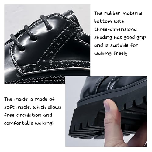 Men's Patent Leather Wingtip Chunky Platform Oxford Shoes Vintage Round Toe Lug Sole Non-Slip Lace-Up Business Derby Shoes for Evening Parties, Weddings, Work4